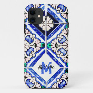 Azulejo Spanische Fliesen in Navy Weißem Monogramm Case-Mate iPhone Hülle