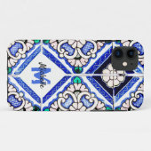 Azulejo Spanische Fliesen in Navy Weißem Monogramm Case-Mate iPhone Hülle (Rückseite (Horizontal))