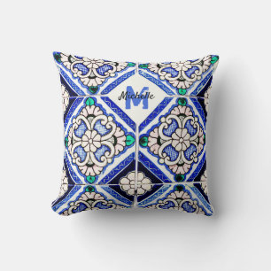 Azulejo Spanische Fliesen in Navy Weißem Monogramm Kissen