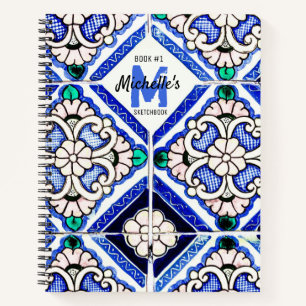 Azulejo Spanisches Fliesenmuster Navy Weiß Skizzen Notizblock