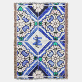 Azulejo Spanish Pattern Tiles Navy White Monogram Decke (Vorderseite Vertikal)