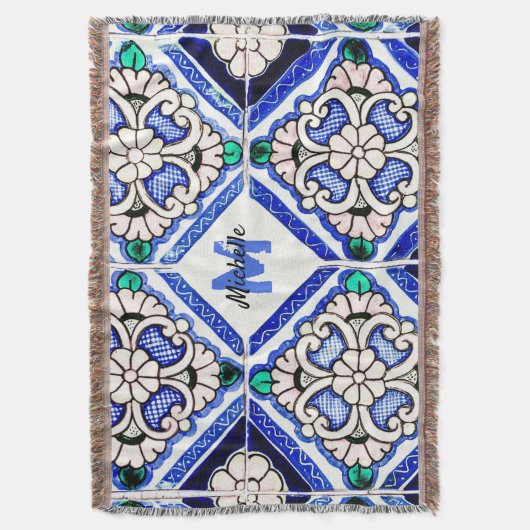 Azulejo Spanish Pattern Tiles Navy White Monogram Decke (Vorderseite Vertikal)