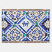 Azulejo Spanish Pattern Tiles Navy White Monogram Decke (Vorderseite)
