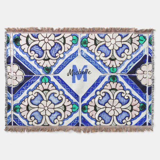 Azulejo Spanish Pattern Tiles Navy White Monogram Decke (Vorderseite)