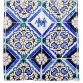 Azulejo Spanish Pattern Tiles Navy White Monogram Duschvorhang (Vorderseite)