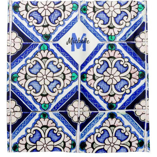 Azulejo Spanish Pattern Tiles Navy White Monogram Duschvorhang (Vorderseite)