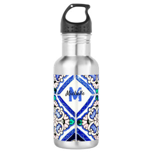 Azulejo Spanish Pattern Tiles Navy White Monogram Edelstahlflasche
