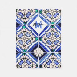 Azulejo Spanish Pattern Tiles Navy White Monogram Fleecedecke