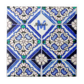 Azulejo Spanish Pattern Tiles Navy White Monogram Fliese (Vorderseite)