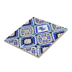 Azulejo Spanish Pattern Tiles Navy White Monogram Fliese