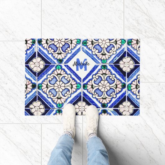 Azulejo Spanish Pattern Tiles Navy White Monogram Fußmatte (Indoor)