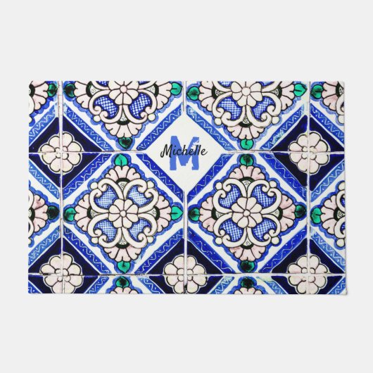 Azulejo Spanish Pattern Tiles Navy White Monogram Fußmatte (Vorderseite)