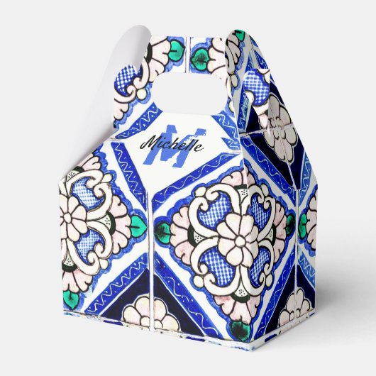 Azulejo Spanish Pattern Tiles Navy White Monogram Geschenkschachtel (Vorderseite)