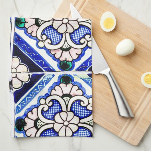 Azulejo Spanish Pattern Tiles Navy White Monogram Geschirrtuch (Viertel Falte)