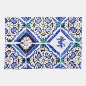 Azulejo Spanish Pattern Tiles Navy White Monogram Geschirrtuch (Horizontal)