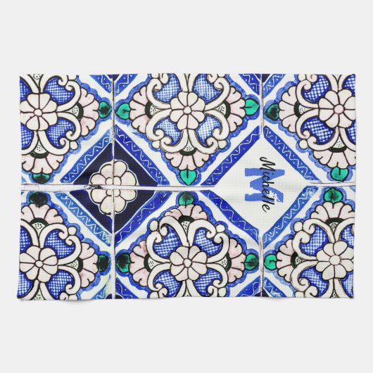 Azulejo Spanish Pattern Tiles Navy White Monogram Geschirrtuch (Horizontal)