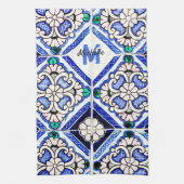 Azulejo Spanish Pattern Tiles Navy White Monogram Geschirrtuch (Vertikal)