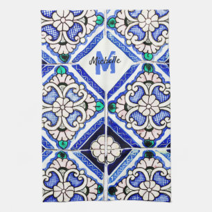 Azulejo Spanish Pattern Tiles Navy White Monogram Geschirrtuch