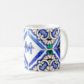 Azulejo Spanish Pattern Tiles Navy White Monogram Kaffeetasse (VorderseiteRechts)