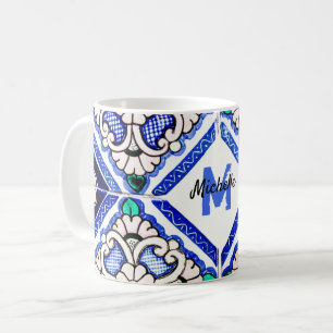 Azulejo Spanish Pattern Tiles Navy White Monogram Kaffeetasse