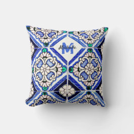Azulejo Spanish Pattern Tiles Navy White Monogram Kissen