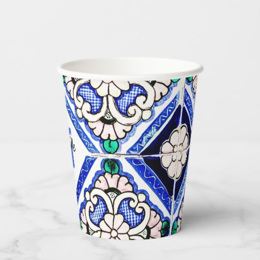 Azulejo Spanish Pattern Tiles Navy White Monogram Pappbecher (Rückseite)