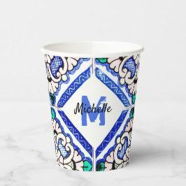 Azulejo Spanish Pattern Tiles Navy White Monogram Pappbecher