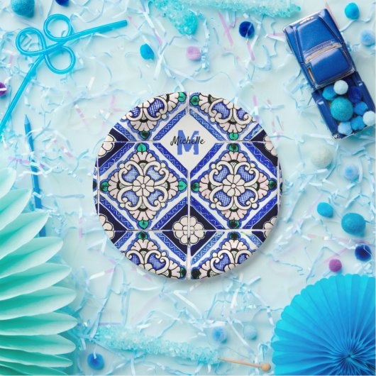 Azulejo Spanish Pattern Tiles Navy White Monogram Pappteller (Party)