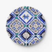 Azulejo Spanish Pattern Tiles Navy White Monogram Pappteller (Vorderseite)