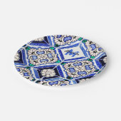 Azulejo Spanish Pattern Tiles Navy White Monogram Pappteller (Schrägansicht)