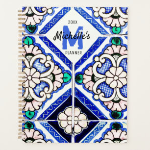 Azulejo Spanish Pattern Tiles Navy White Monogram Planer