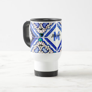 Azulejo Spanish Pattern Tiles Navy White Monogram Reisebecher
