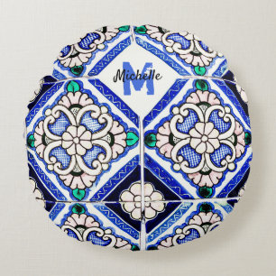 Azulejo Spanish Pattern Tiles Navy White Monogram Rundes Kissen
