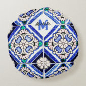Azulejo Spanish Pattern Tiles Navy White Monogram Rundes Kissen (Rückseite)