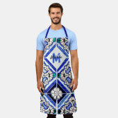 Azulejo Spanish Pattern Tiles Navy White Monogram Schürze (Getragen)