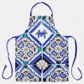 Azulejo Spanish Pattern Tiles Navy White Monogram Schürze (Vorderseite)