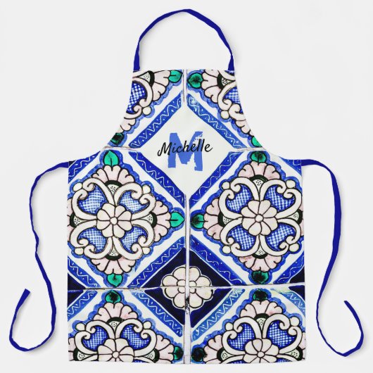 Azulejo Spanish Pattern Tiles Navy White Monogram Schürze (Vorderseite)