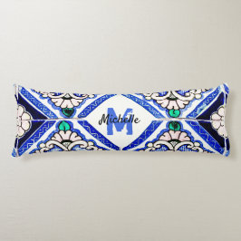 Azulejo Spanish Pattern Tiles Navy White Monogram Seitenschläferkissen