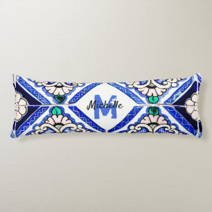 Azulejo Spanish Pattern Tiles Navy White Monogram Seitenschläferkissen