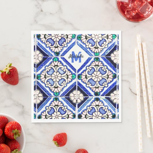 Azulejo Spanish Pattern Tiles Navy White Monogram Serviette (Beispiel)