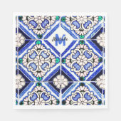 Azulejo Spanish Pattern Tiles Navy White Monogram Serviette (Vorderseite)