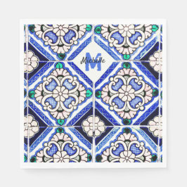 Azulejo Spanish Pattern Tiles Navy White Monogram Serviette