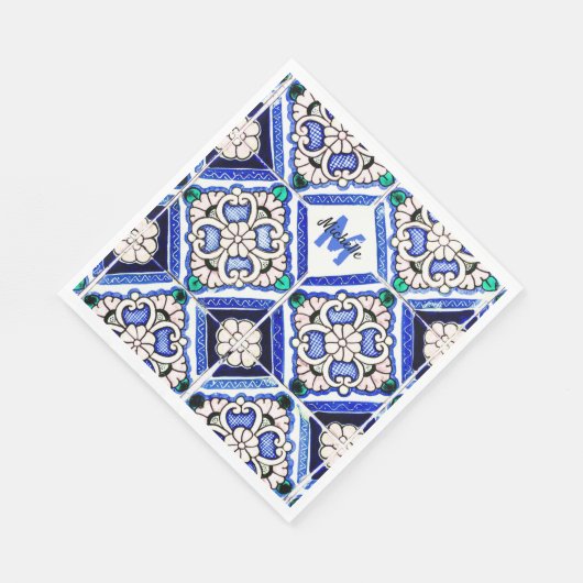 Azulejo Spanish Pattern Tiles Navy White Monogram Serviette (Ecke)