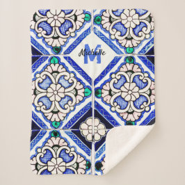 Azulejo Spanish Pattern Tiles Navy White Monogram Sherpadecke