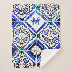 Azulejo Spanish Pattern Tiles Navy White Monogram Sherpadecke