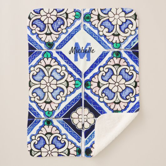 Azulejo Spanish Pattern Tiles Navy White Monogram Sherpadecke (Vorderseite)
