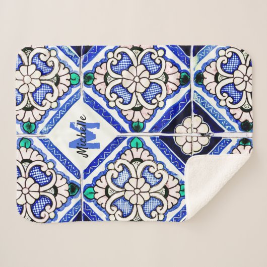 Azulejo Spanish Pattern Tiles Navy White Monogram Sherpadecke (Vorderseite (Horizontal))