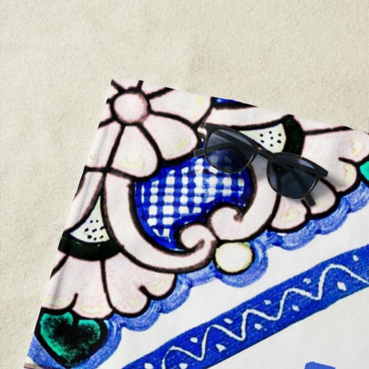 Azulejo Spanish Pattern Tiles Navy White Monogram Strandtuch (Beispiel)
