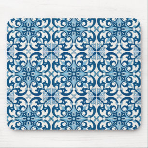 Azulejo Tile Pattern Indigo Blue White Mousepad