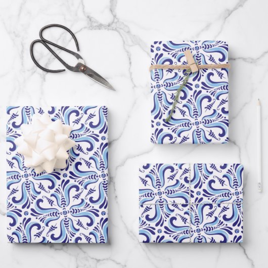 Azulejos Blumenmuster Geschenkpapier Set (Vorderseite)